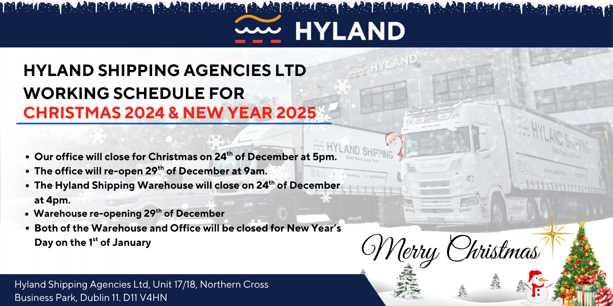 Holiday schedule announcement from Hyland Shipping Agencies Ltd., detailing office and warehouse holiday closures for Christmas and New Year, with images of Christmas decorations and trucks.