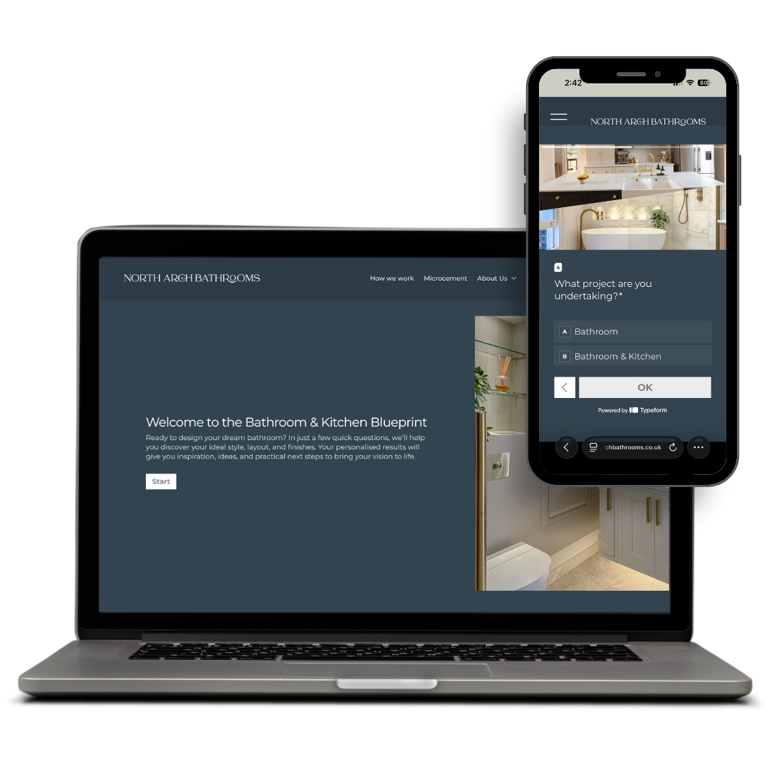 Laptop and smartphone displaying the homepage of North Arch Bathrooms website, showcasing a bathroom design project with a digital project questionnaire.