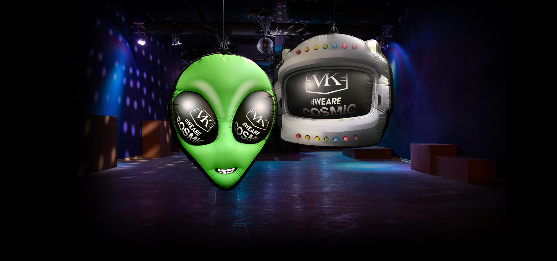 1.5M 'VK Cosmic' Alien Head and Astronaut Helmet Inflatable logos