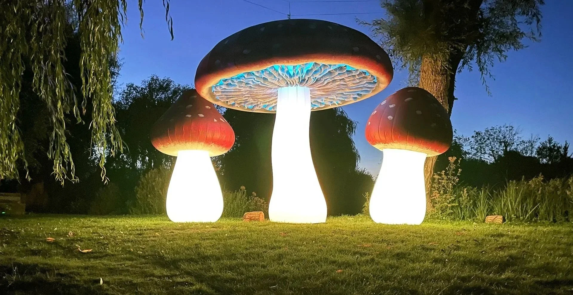 Giant inflatable toadstools, Giant inflatable mushrooms, Giant mushroom prop hire, Event centerpieces, Event show stoppers, Festival props, festival installations, Colour changing Mushroom Inflatables, Realistic giant mushroom replicas, toadstools