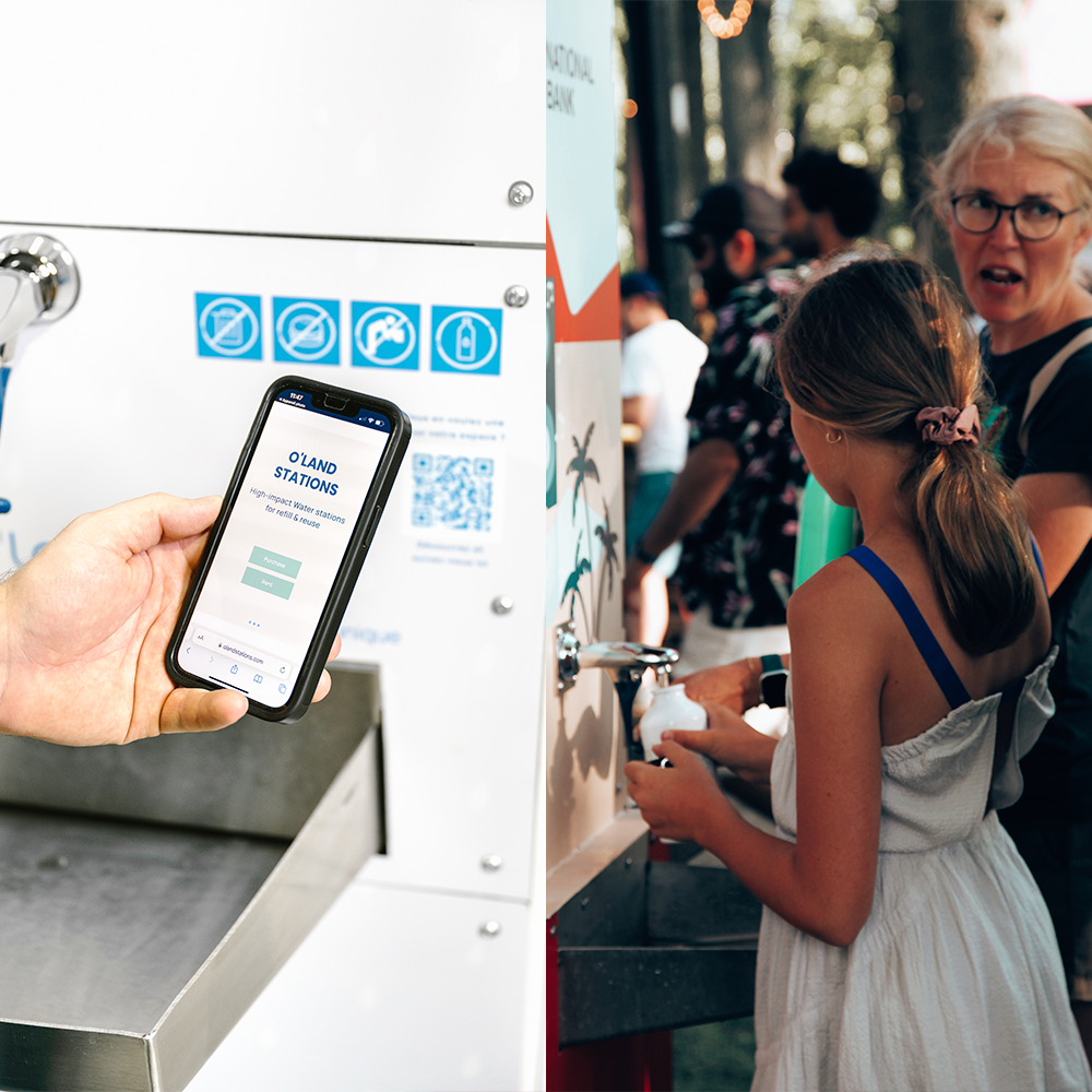 People refilling bottles at O’land water station at outdoor event"