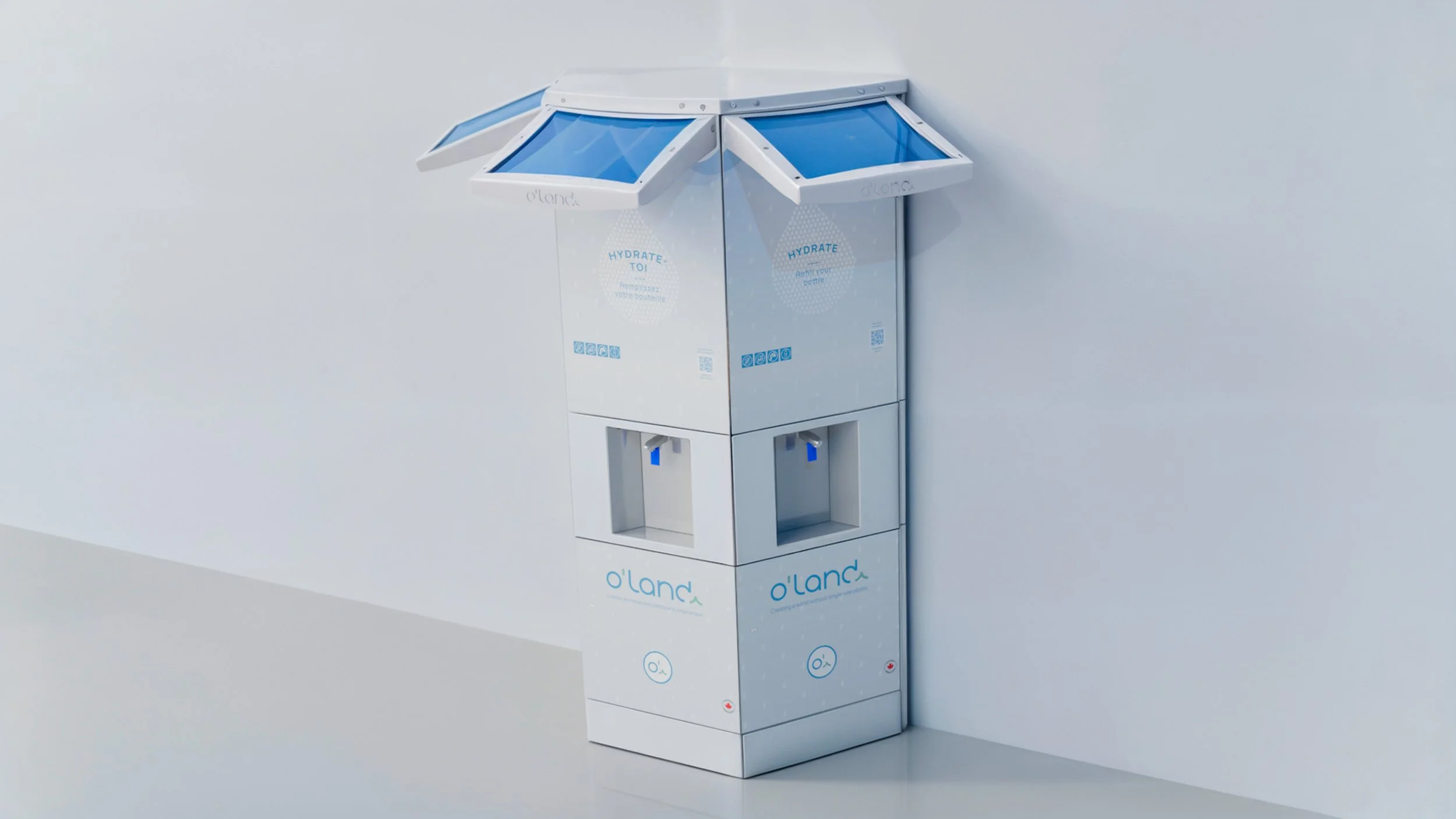 A modern water refill station with three water dispensers and an attached mini canopy for hydration, branded with 'o'land' and informational labels.