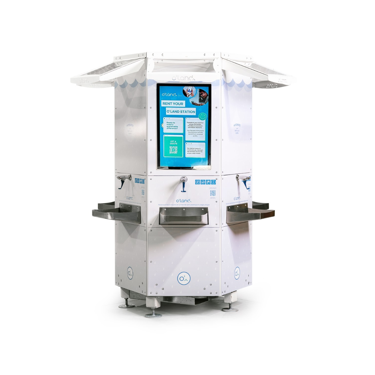 A white, modular, water dispensing kiosk with multiple taps and a digital screen for land station rentals, branded with the 'o'land' logo.