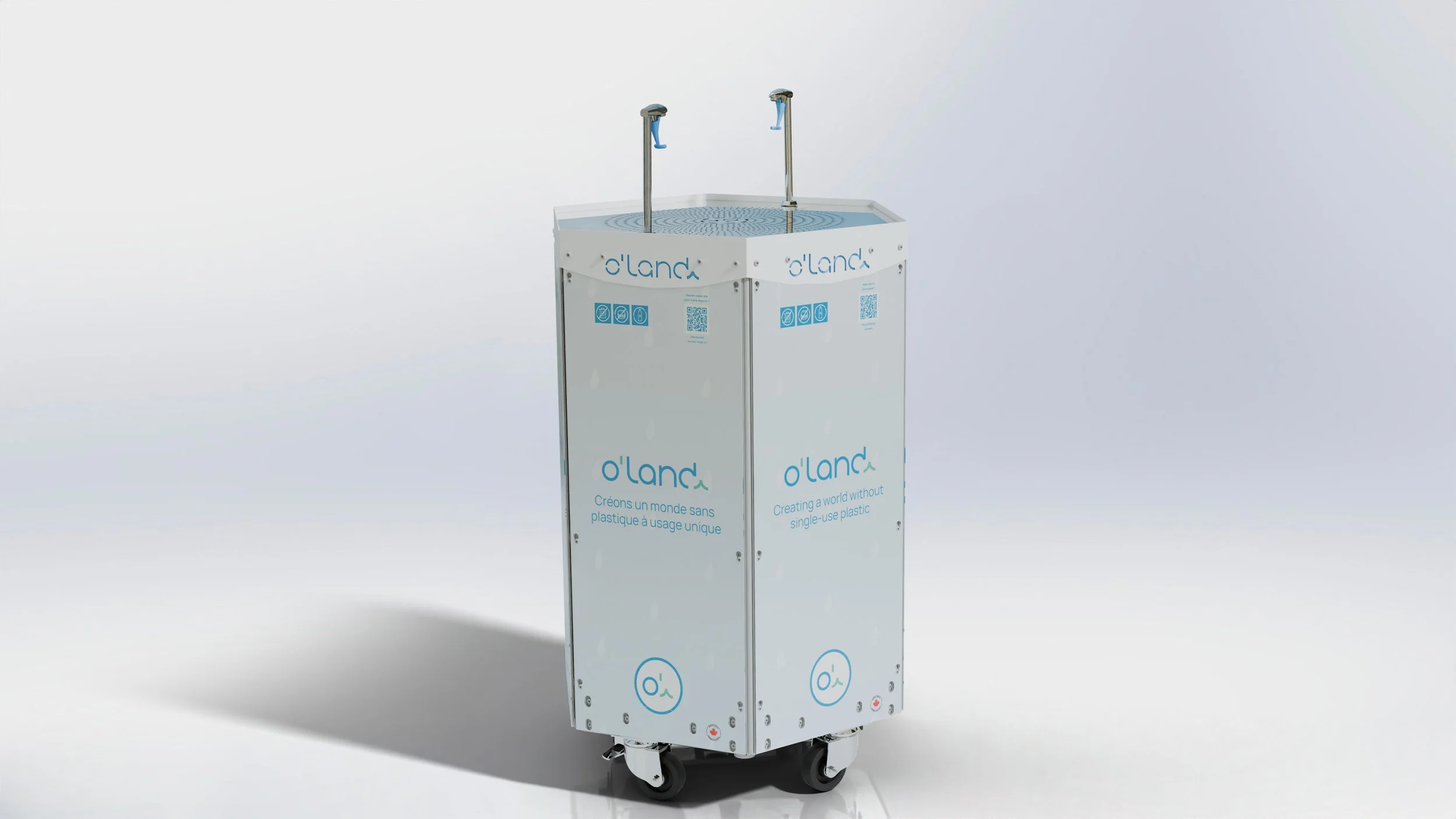 A white, rectangular autonomous trash bin on wheels with the logo "o'land" and text in French and English about creating a world without single-use plastic.