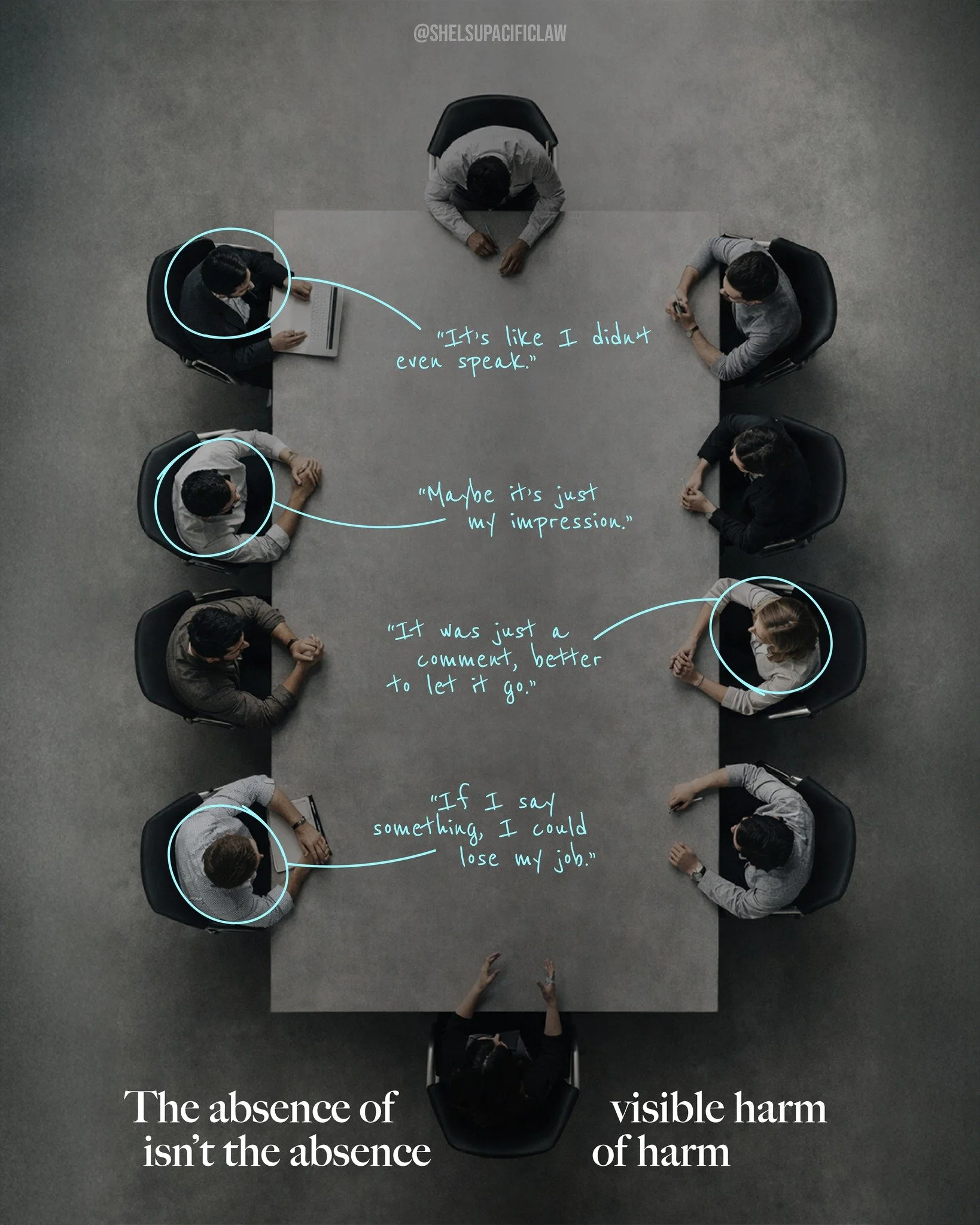 These are internal thoughts. Nothing is said out loud.

In rooms that appear calm, neutral, and professional, harm doesn&rsquo;t always announce itself through visible behavior.
It often shows up as silence, self-doubt, minimization, and fear of cons