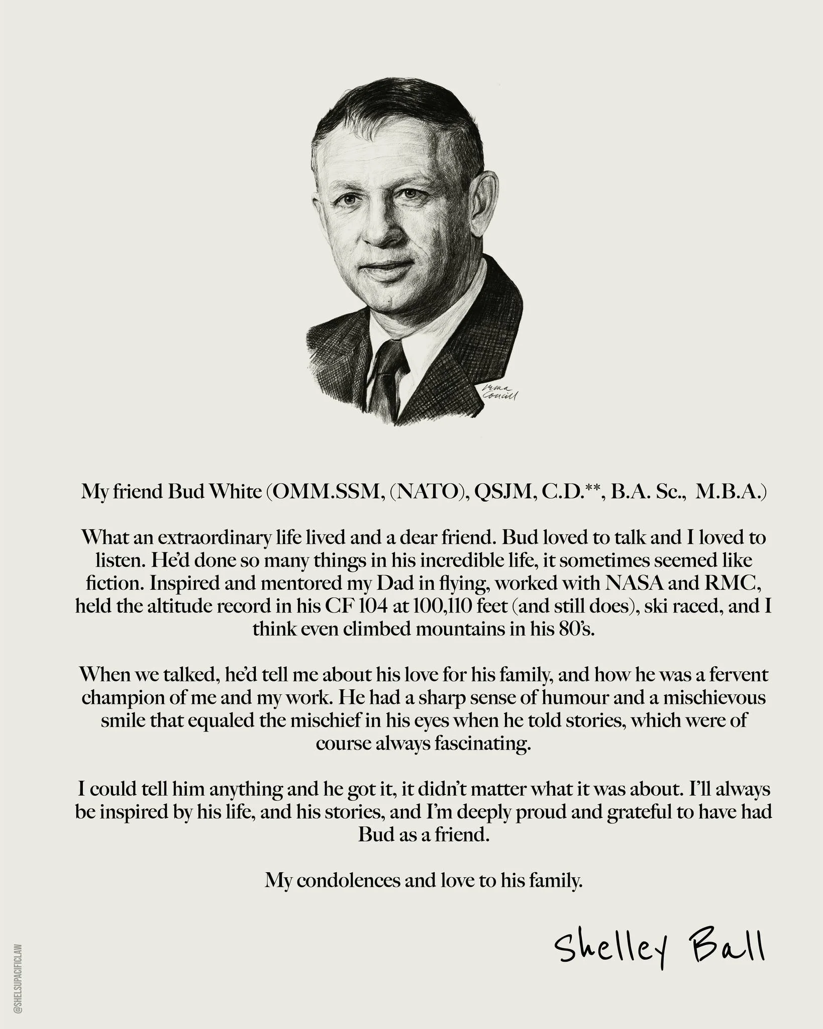 In memory of Bud White.
An extraordinary life, and a dear friend.

- Shelley Ball

#inmemoryofBudWhite