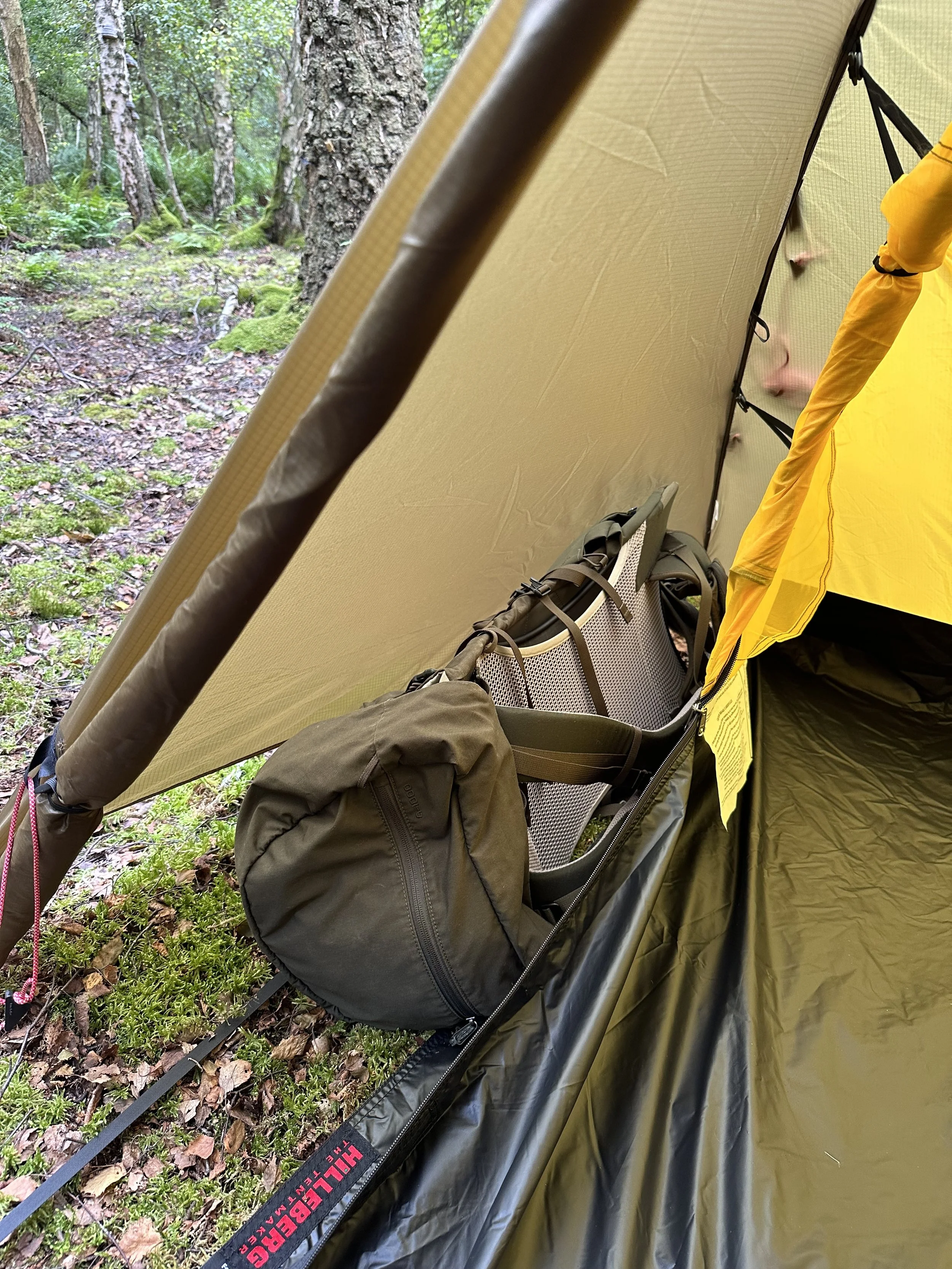Inside view of a tent with a green backpack on the ground next to the tent wall. The tent is set up in a forested area with green moss and trees visible outside.