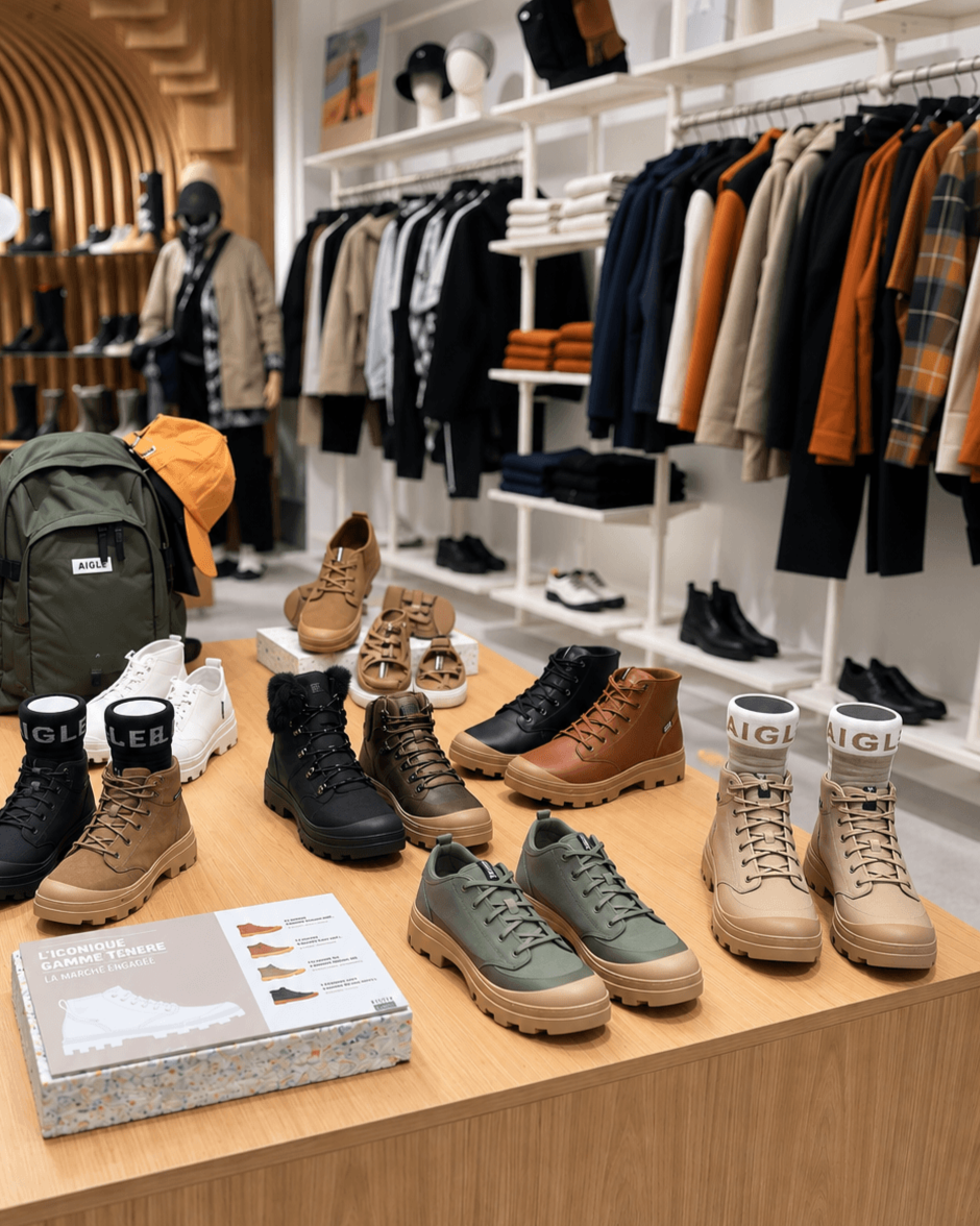 Aigle, boutique, flagship, merchandising, scénographie, display.