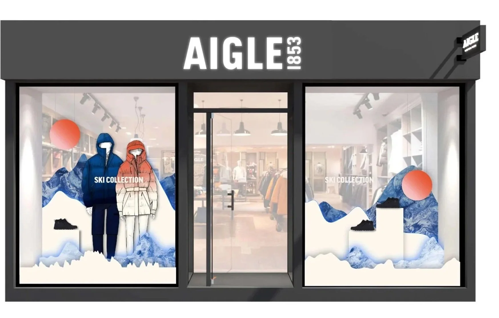 Vitrine d'un magasin de vêtements d'hiver avec mannequins portant des vêtements de ski et montagnes bleues en arrière-plan, avec texte 'SKI COLLECTION'.