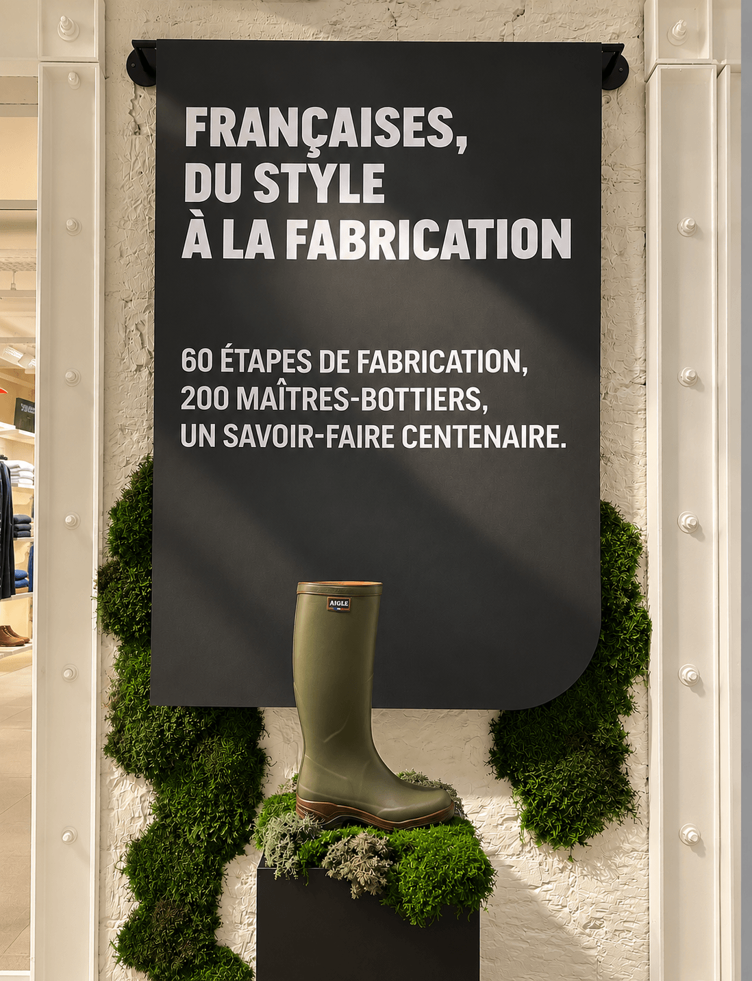 Aigle, boutique, flagship, merchandising, scénographie, signalétique.