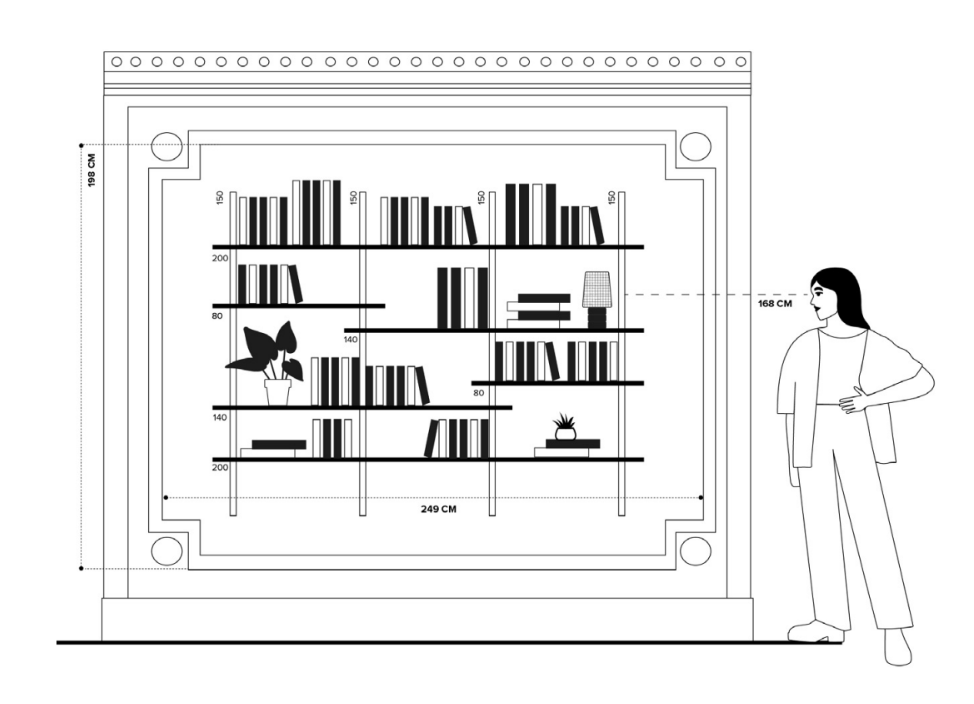 Illustration en noir et blanc d'une bibliothèque avec cinq étagères contenant des livres, une plante en pot et une lampe. Une personne se tient à droite, montrant l'échelle avec des mesures en centimètres. Décor architectural autour de la bibliothèque.