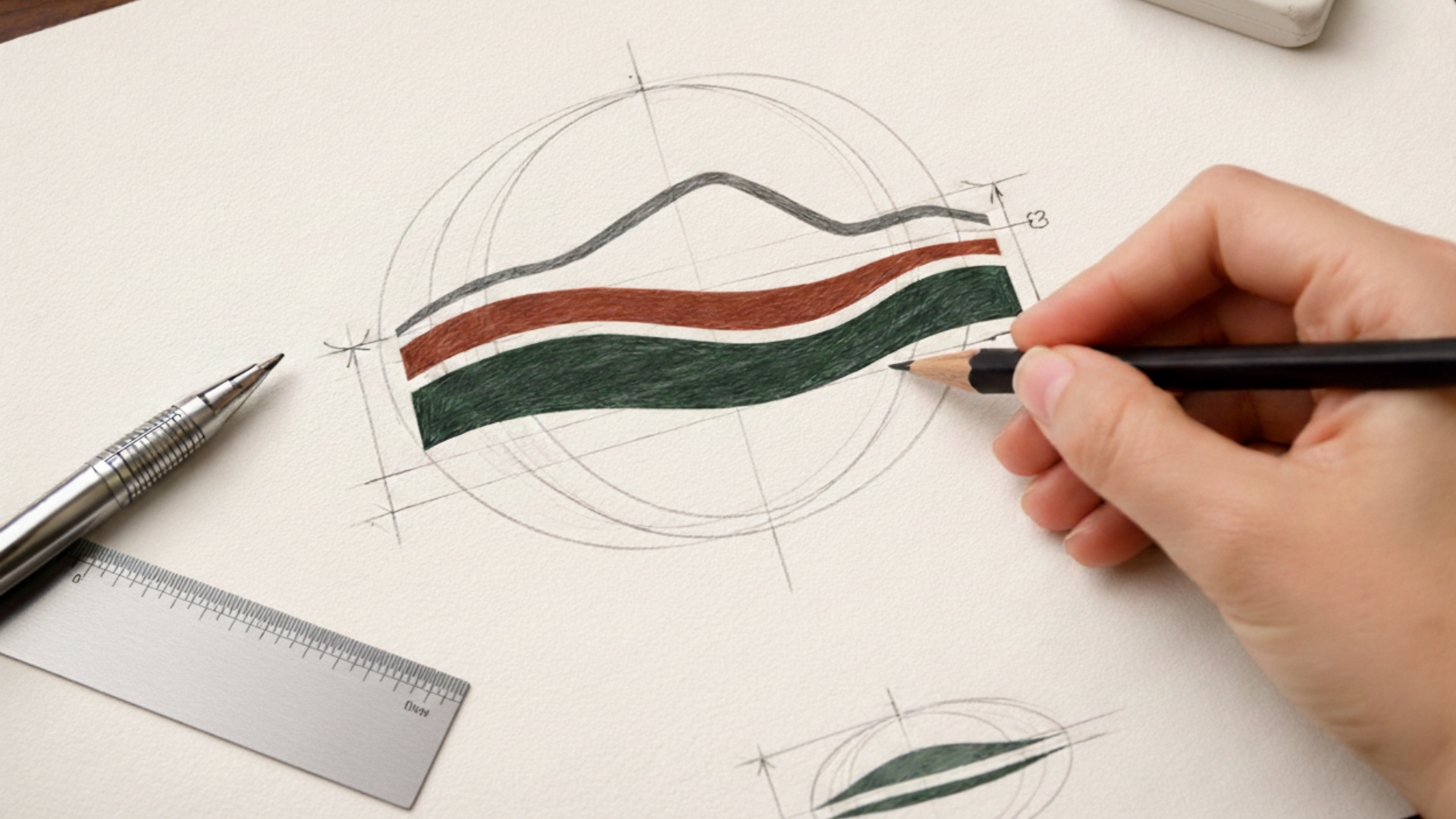 A person drawing a geometric logo with colored stripes on a white sheet of paper, surrounded by a metal ruler, a silver mechanical pencil, and sketches.