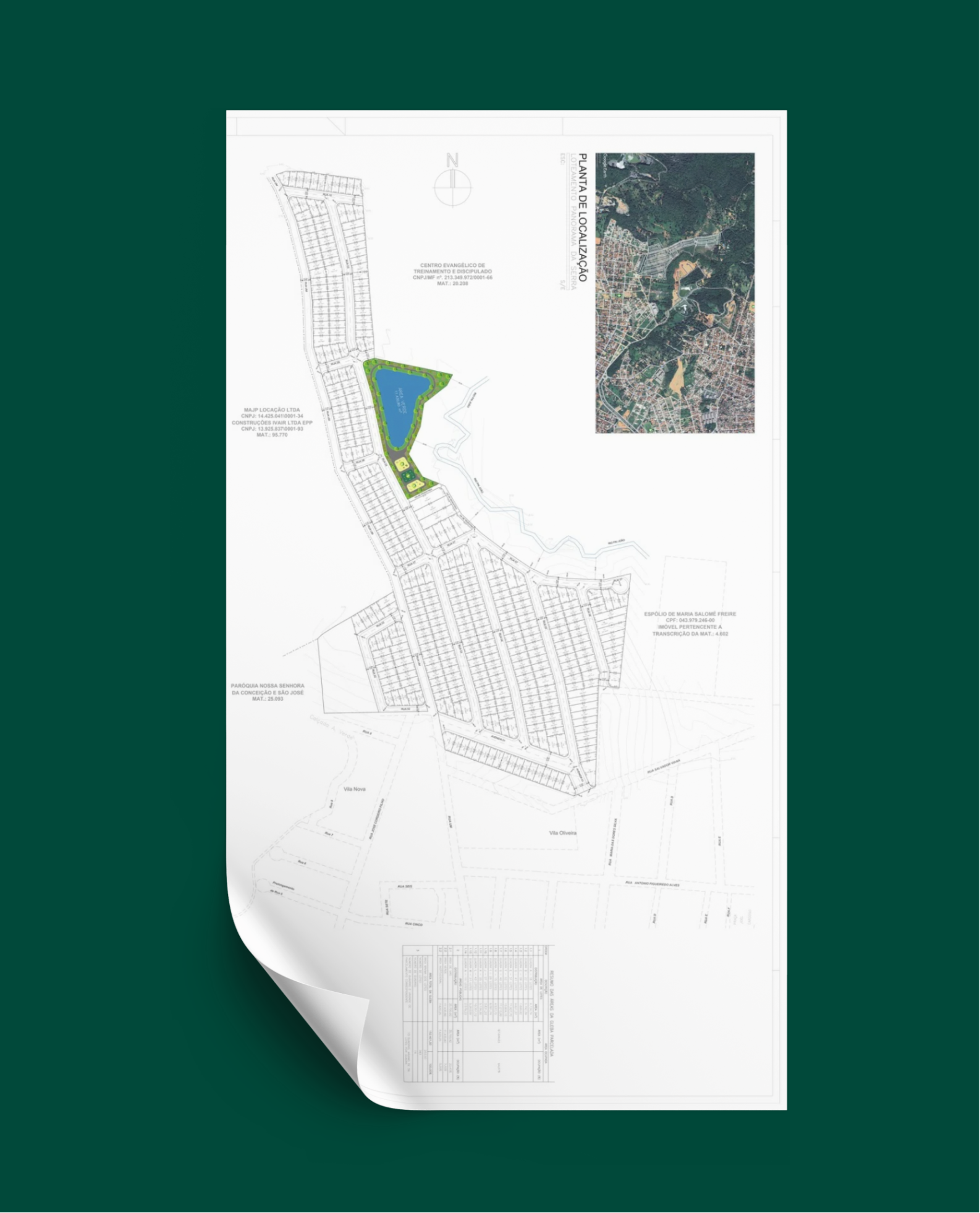 Blueprint of a residential development with a central pond, green spaces, and grid-patterned streets, alongside a satellite map and site details.