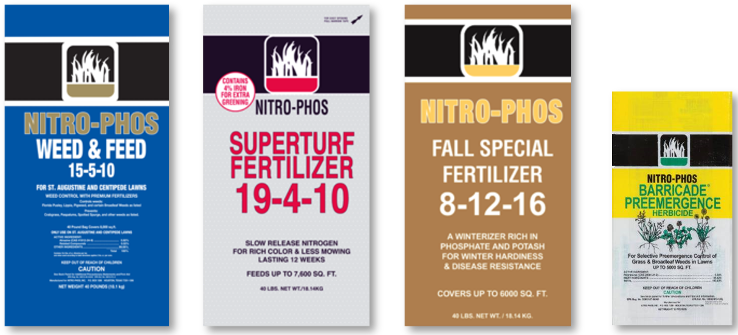 Four different bags of Nitro-Phos fertilizer products. The first is weed and feed fertilizer, the second is superturf fertilizer, the third is fall special fertilizer, and the fourth is Barricade Preemergence herbicide with illustrations of plants and weed control information.
