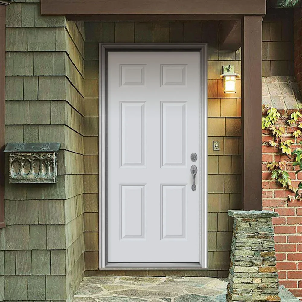 White front steel door with four raised panels, outdoor lighting, and a keypad lock, surrounded by brick and stone exterior walls.