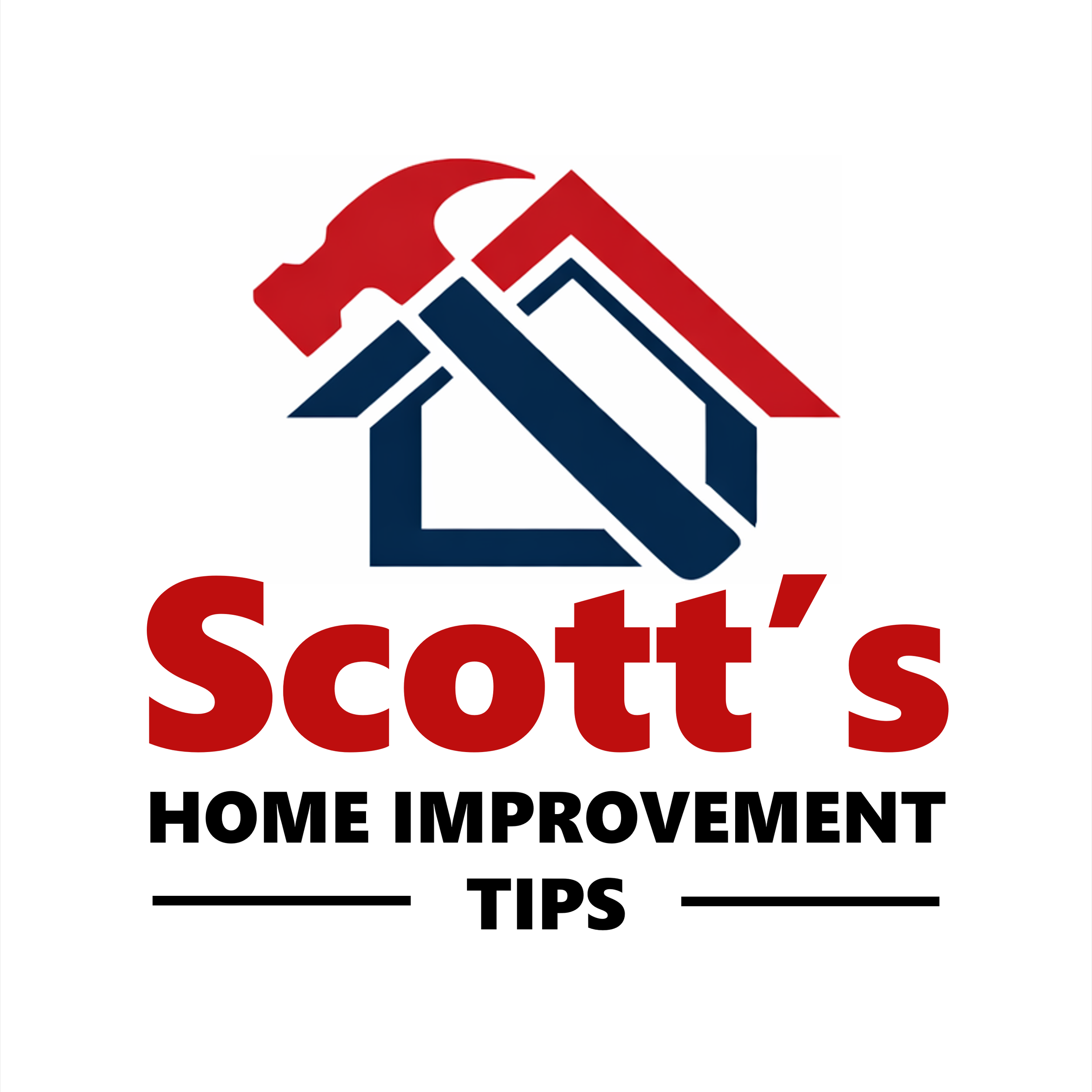 Logo for Scott's Home Improvement Tips, featuring a house with a hammer above it and the business name in bold red and black text.