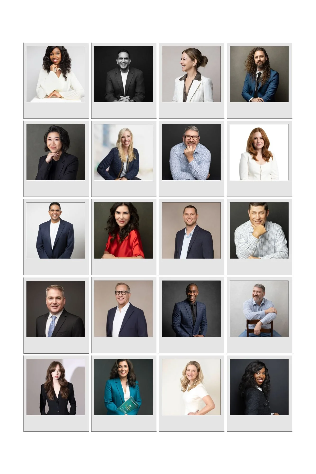 A collage of diverse professional headshots of men and women in business attire, arranged in a grid.