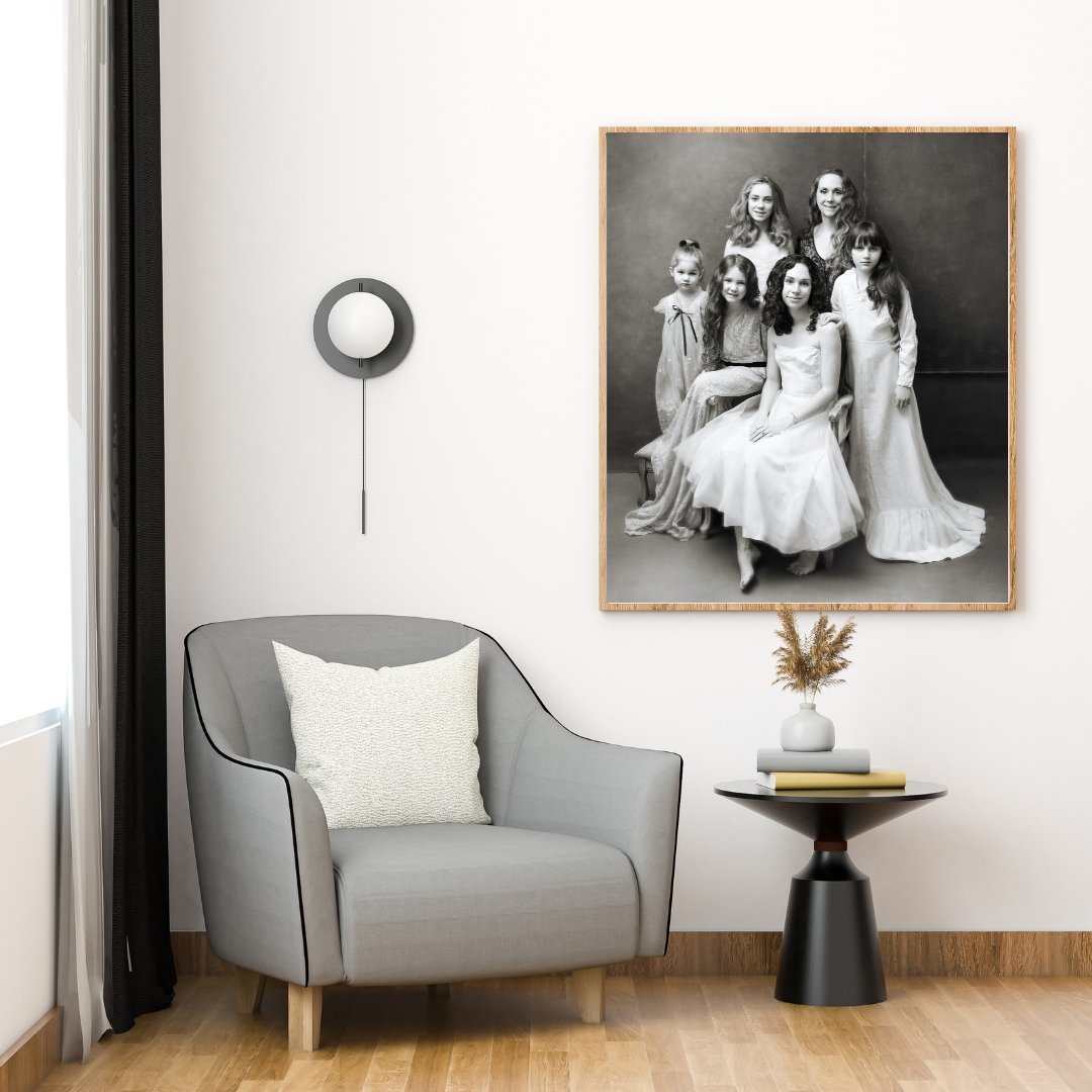  Wall art of family with 4 girls in a multi generational family portrait.  Taken by Beauclair Photography located in Kirkland but also serving Bellevue, Redmond and Samammish Washington. 