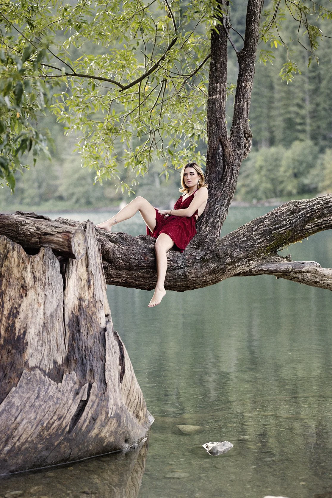 A woman in a red dress sitting on a tree branch over a body of water surrounded by greenery.