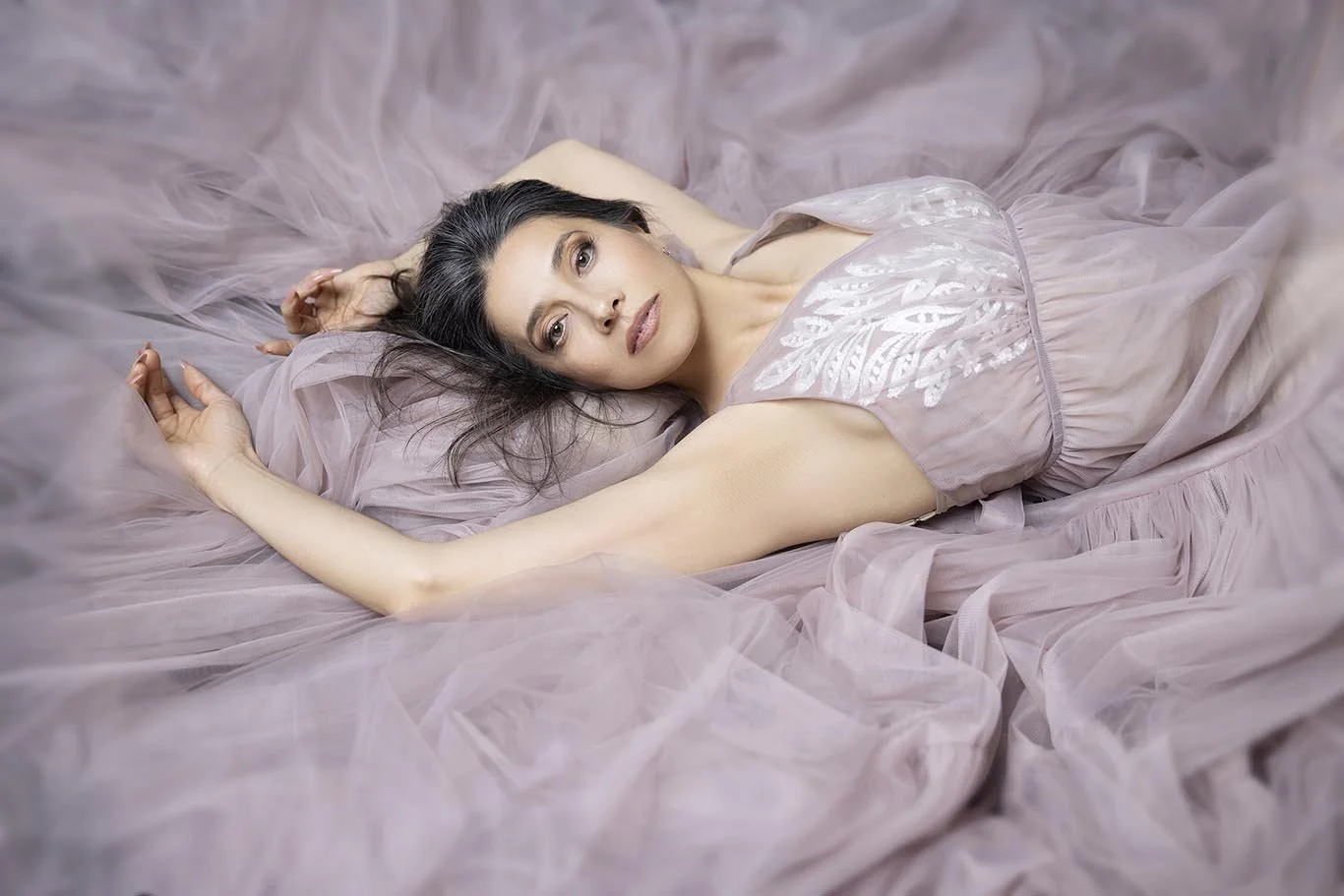 Women's beauty portrait in soft mauve gown of woman over 40 by beauclair photography of Kirkland
