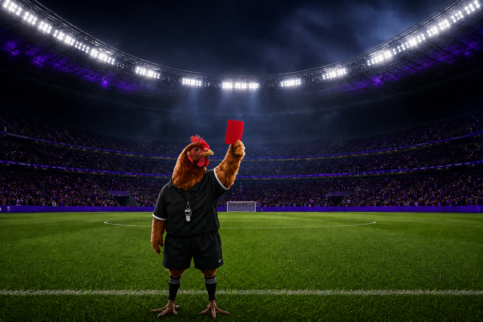 A hen wearing a referee uniform holding up a red card inside a football stadium.