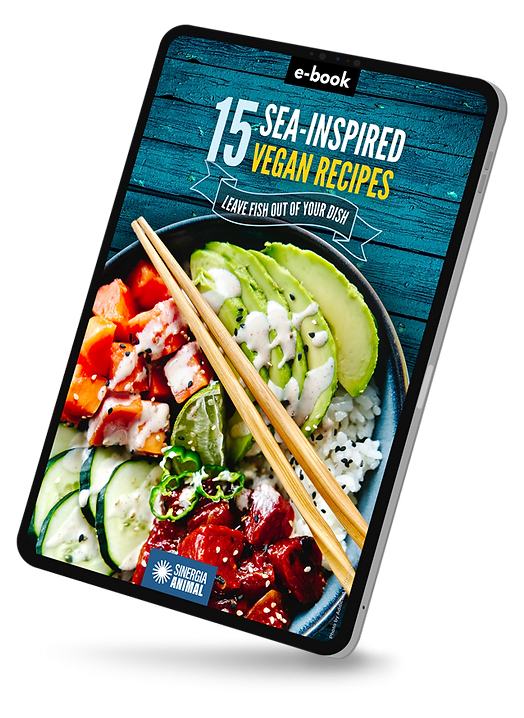 E-book cover titled "15 Sea-Inspired Vegan Recipes" featuring a bowl of sushi with avocado, cucumber, and vegetables, garnished with chopsticks on a blue wooden background.