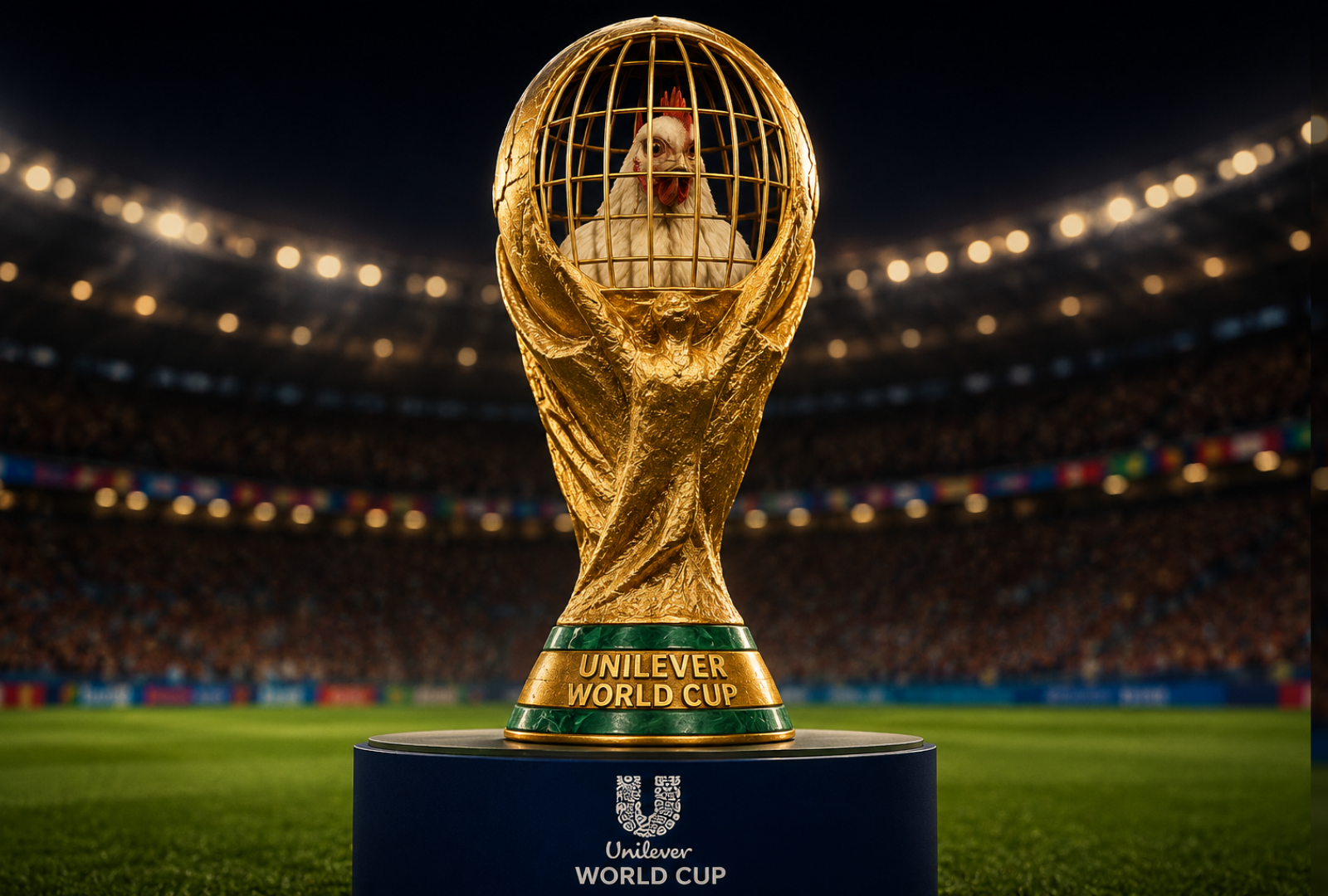A golden World Cup trophy redesigned as a birdcage containing a white hen, set on a podium labeled "Unilever World Cup" in an illuminated football stadium.