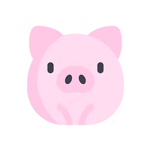 Cartoon pink pig face with large ears, small eyes, and a snout.