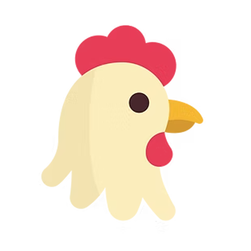 Cartoon chicken with a red comb, yellow beak, and a cream-colored body, set against a black background.