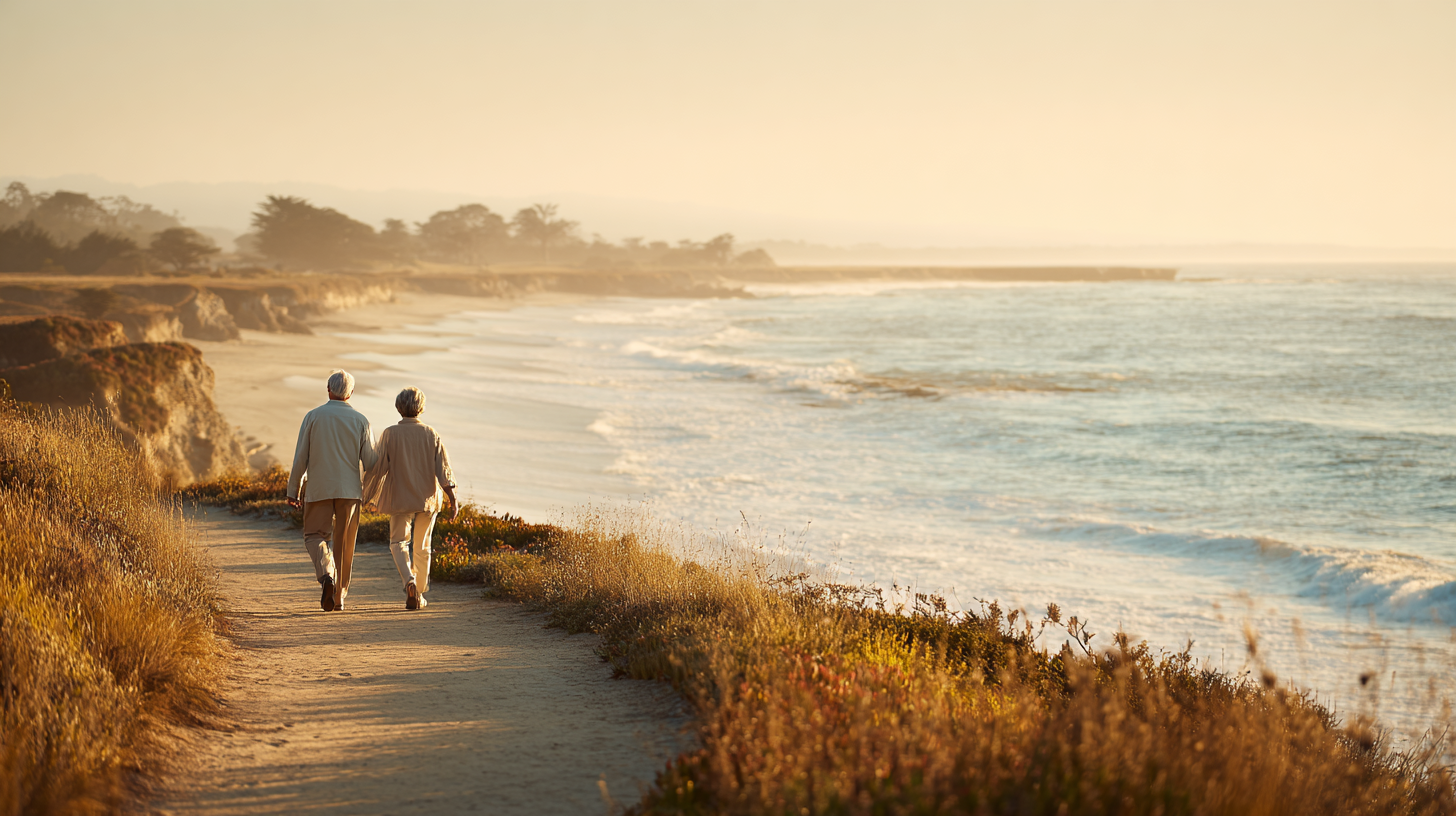 Happy retirees walking the beach