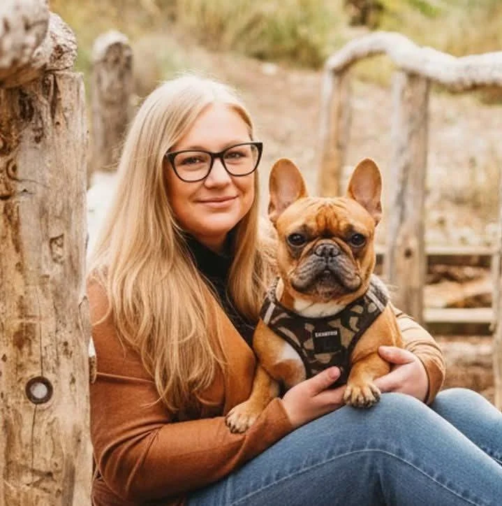A woman with long blonde hair and glasses sitting outdoors, holding a French bulldog wearing a camouflage vest.