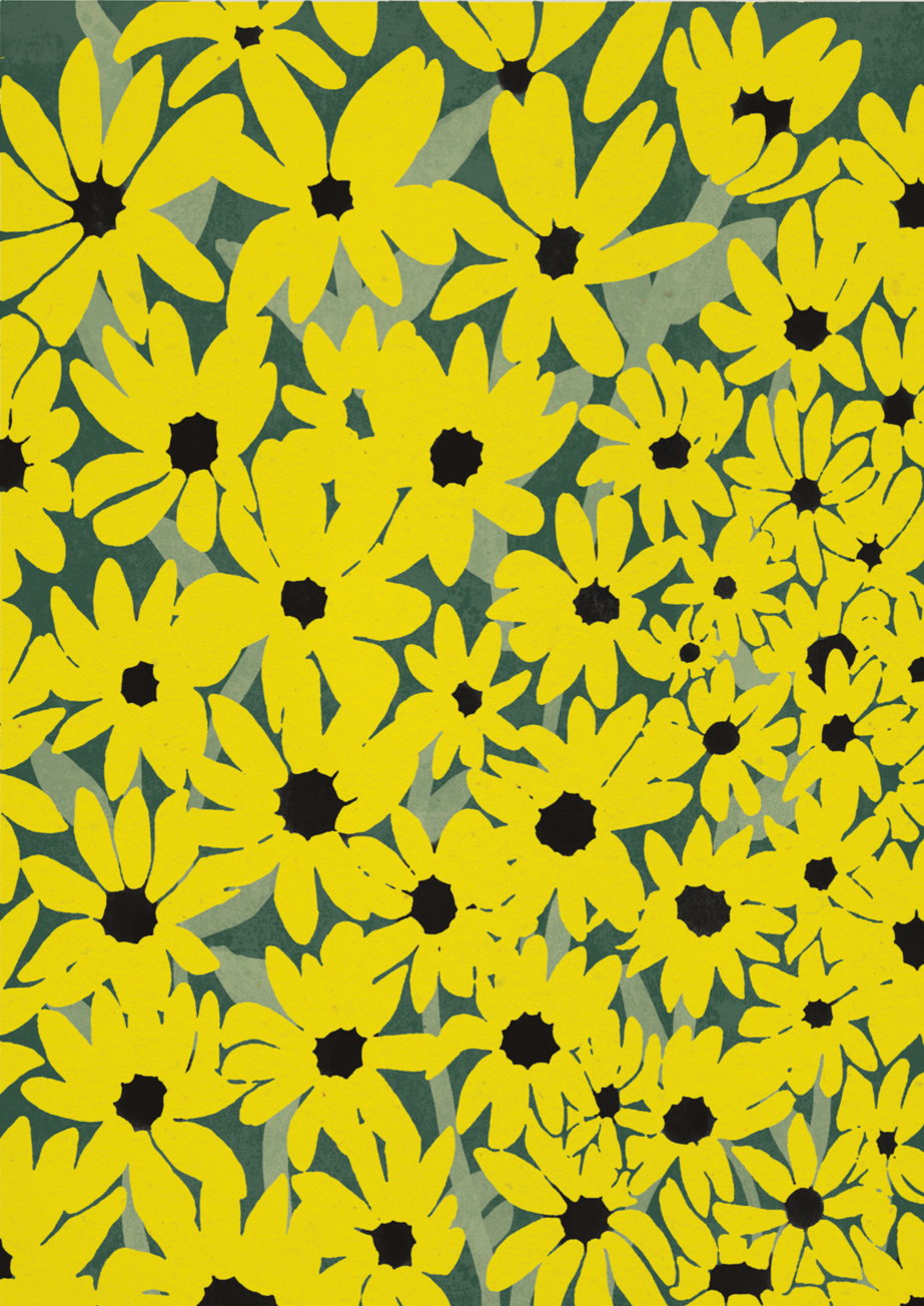 Black-eyed Susan art print with yellow flowers and dark centers on a green background.
