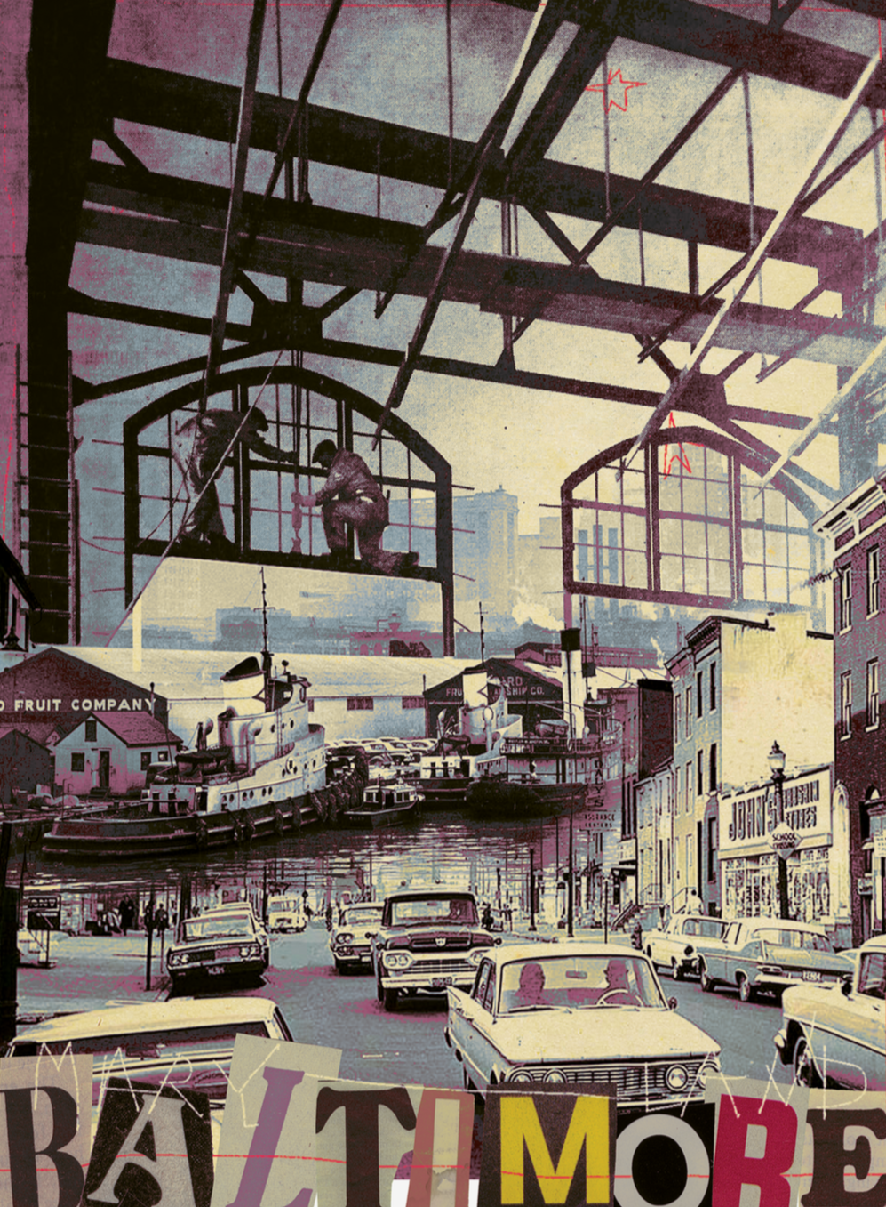 Vintage Baltimore collage with harbor boats, historic buildings, and city scenes.
