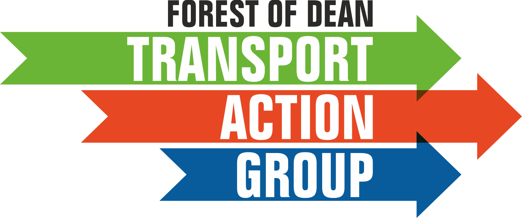 Logo for Forest of Dean Transport Action Group. Colourful arrows pointing to the right with text labels: green arrow labelled 'Transport', red arrow labelled 'Action', blue arrow labelled 'Group', and black text above reads 'Forest of Dean'.
