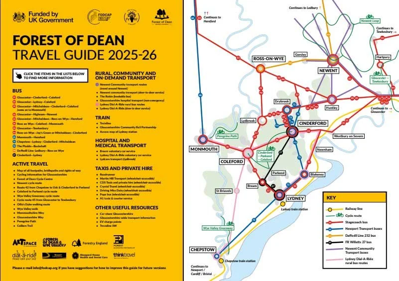 Map of Forest of Dean travel routes for 2025-26, showing buses, trains, hospital and medical transport, taxis, private hire, and useful resources, with key to route symbols, funding details, and colorful network lines.
