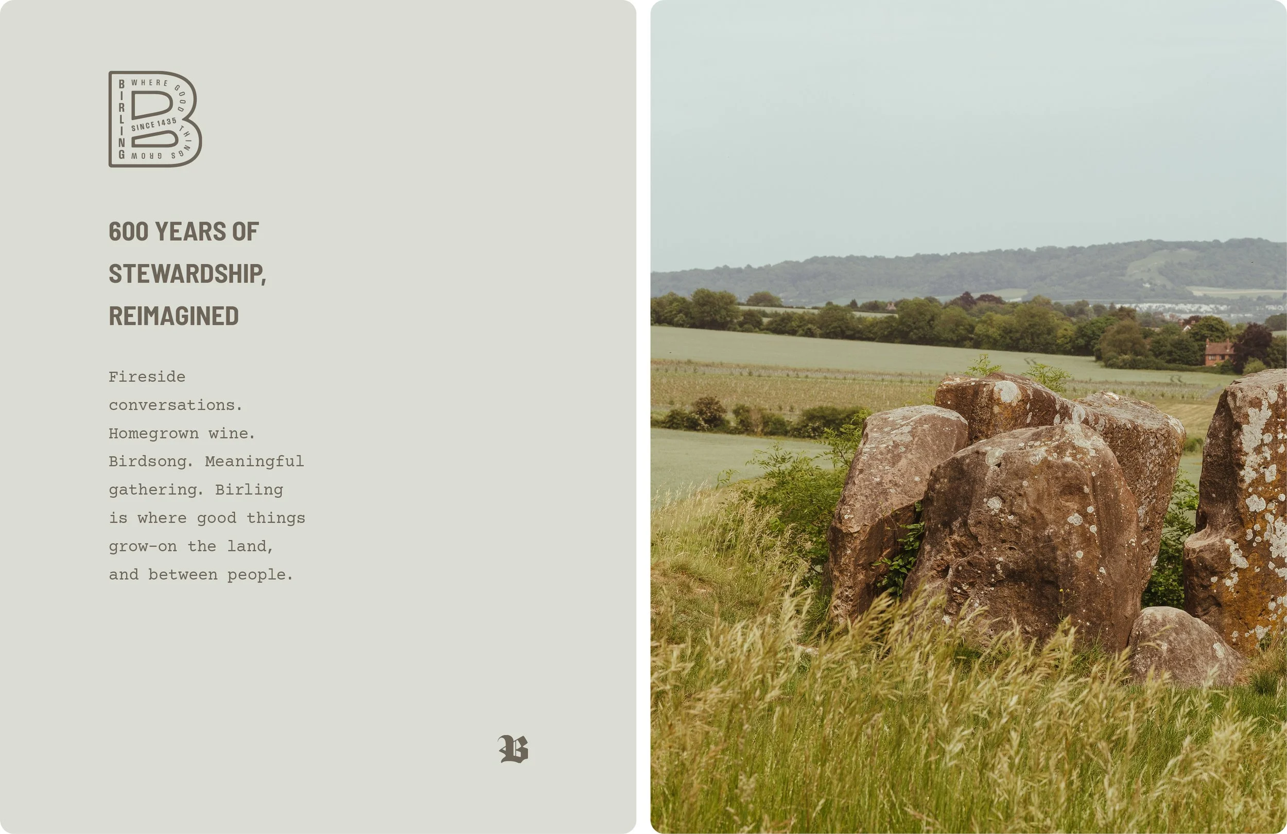 A promotional graphic for Birling, celebrating 600 years of stewardship. It features a hillside landscape with rocks, green fields, trees, and distant hills under a pale sky. The left side of the image contains text about Birling's history, cider, and community, along with the Birling logo.