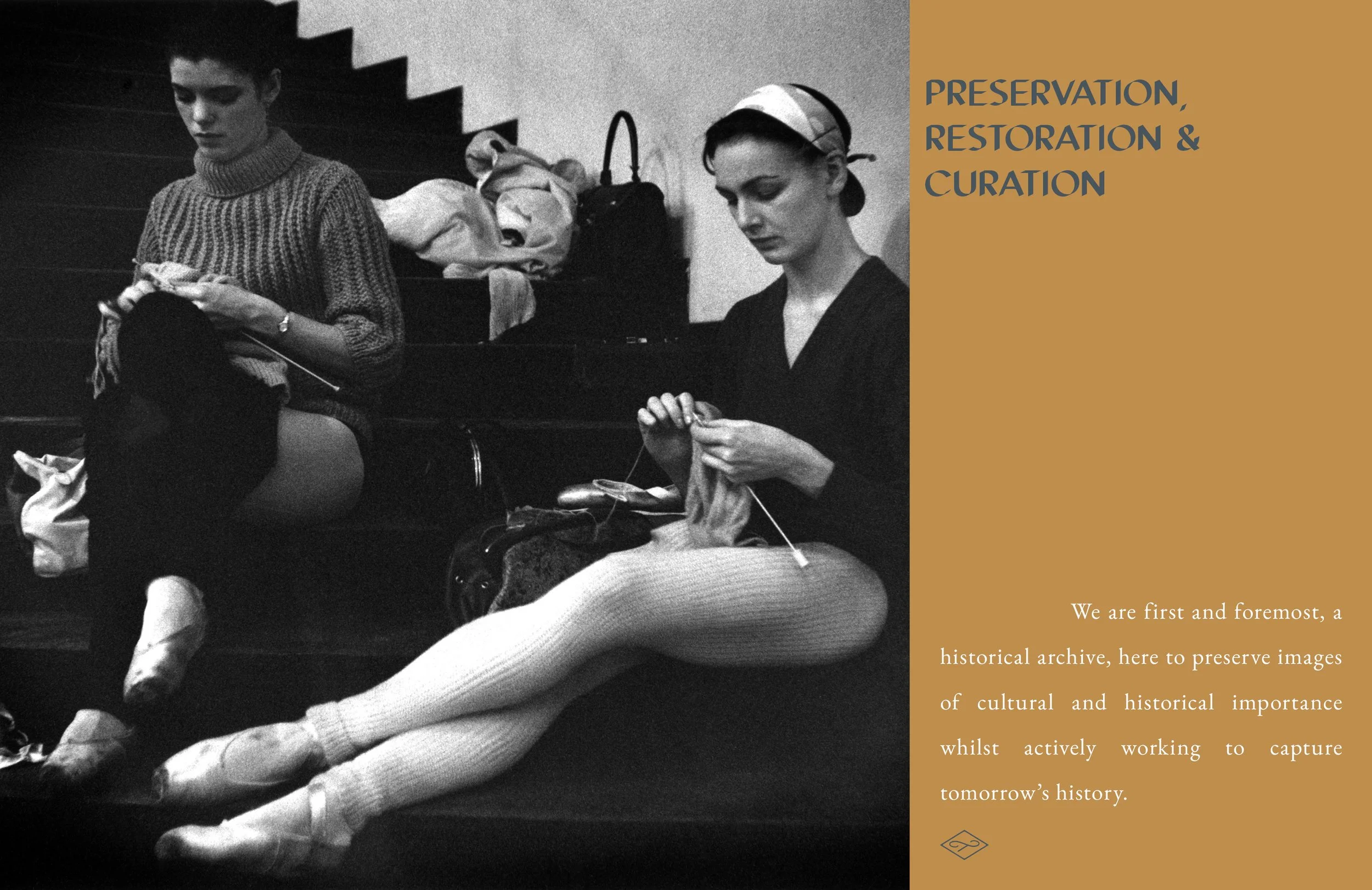 Black and white photo of two women knitting, sitting on stairs with a pile of clothes or fabric, with a beige-colored panel on the right side containing text about preservation, restoration, and curations.
