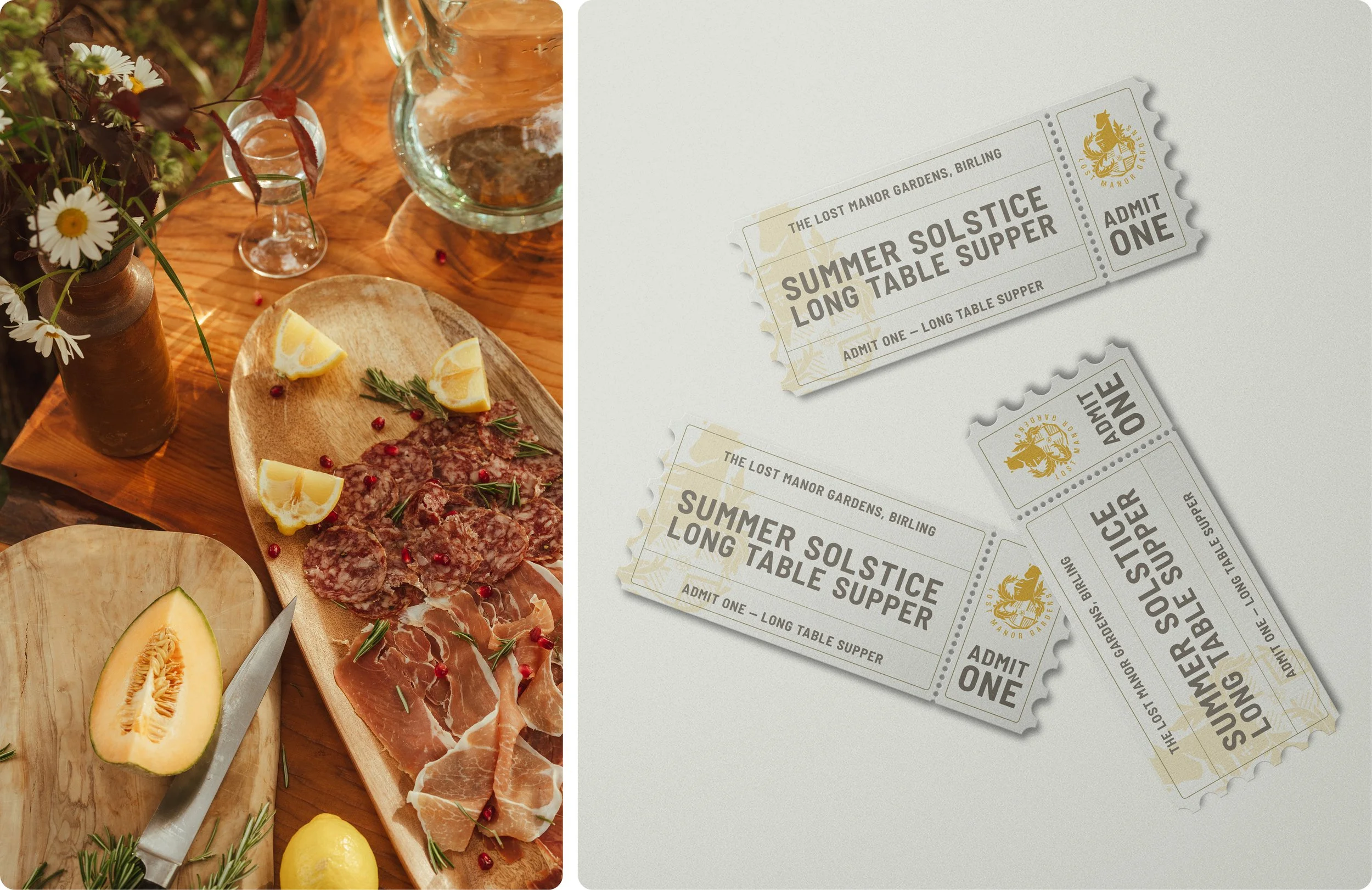 Side-by-side of a wooden table with a flower arrangement, cheese, sliced cured meats, lemon wedges, and a glass of beer, alongside event tickets for a summer solstice long table supper at The Lost Manor Gardens in Birling.