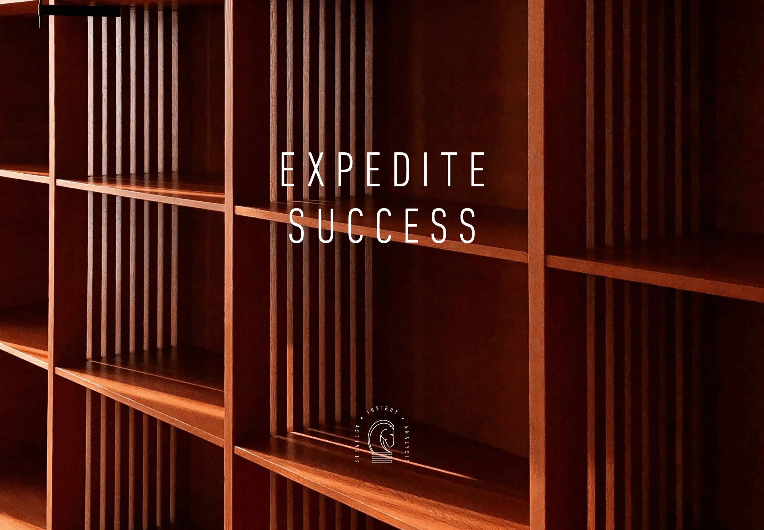 Empty wooden wine or liquor storage shelves with the words 'EXPEDITE SUCCESS' overlaid.