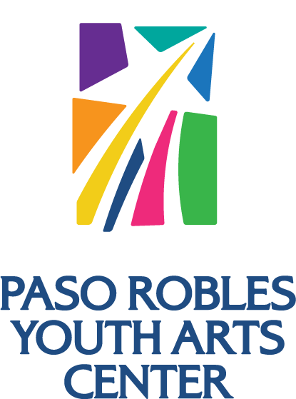 Colorful abstract shapes above black text that reads "Paso Robles Youth Arts Center".