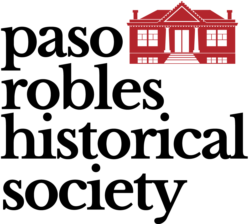 An illustration of a historical red house with columns and steps, accompanied by black text that reads "Paso Robles Historical Society"