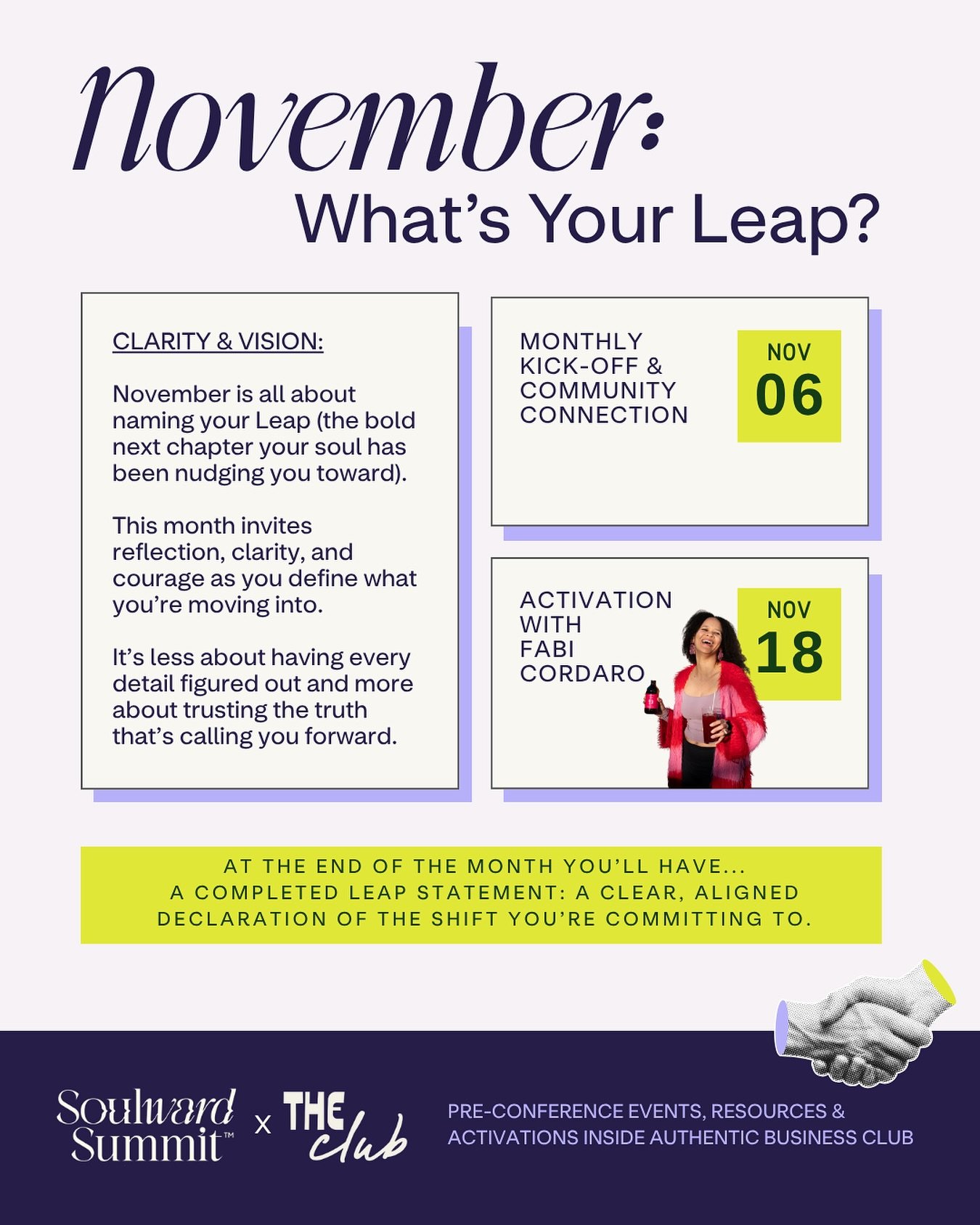 ✨ November: What&rsquo;s Your Leap?

This month, we&rsquo;re kicking off the Soulward Summit 2026 digital journey inside @theauthenticbusinessclub , included with your Summit ticket. 💫

November&rsquo;s theme is Clarity &amp; Vision. It&rsquo;s abou