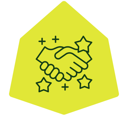 Icon of two hands shaking with stars around them on a yellow pentagon background.