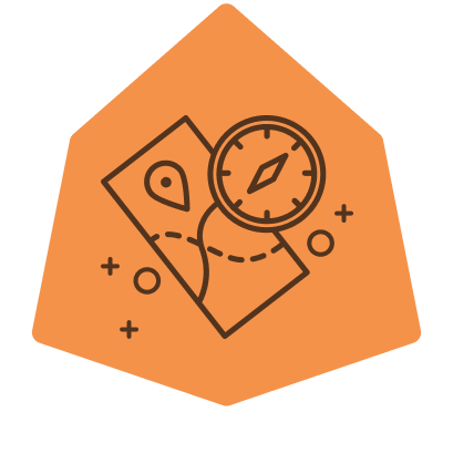 A stylized map with a compass on top, set against an orange pentagon background.