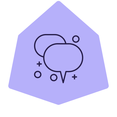Outline of a speech bubble inside a pentagon shape with smaller circles and plus signs around it, on a light purple background.