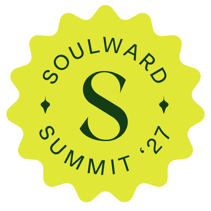Yellow emblem with scalloped edges displaying the text 'SOULWARD SUMMIT '27' and a large letter 'S' in the center, with decorative diamond shapes on either side.