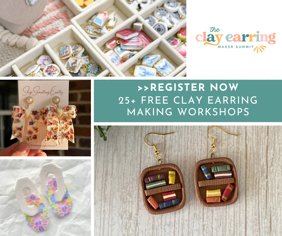 Collage image promoting clay earring making workshops, featuring clay earrings, jewelry supplies, and handmade earring designs.