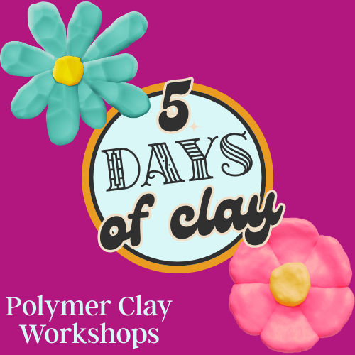 Colorful graphic with a purple background, featuring two clay flowers and a circular logo that says '5 Days of Clay'. Text at the bottom reads 'Polymer Clay Workshops'.