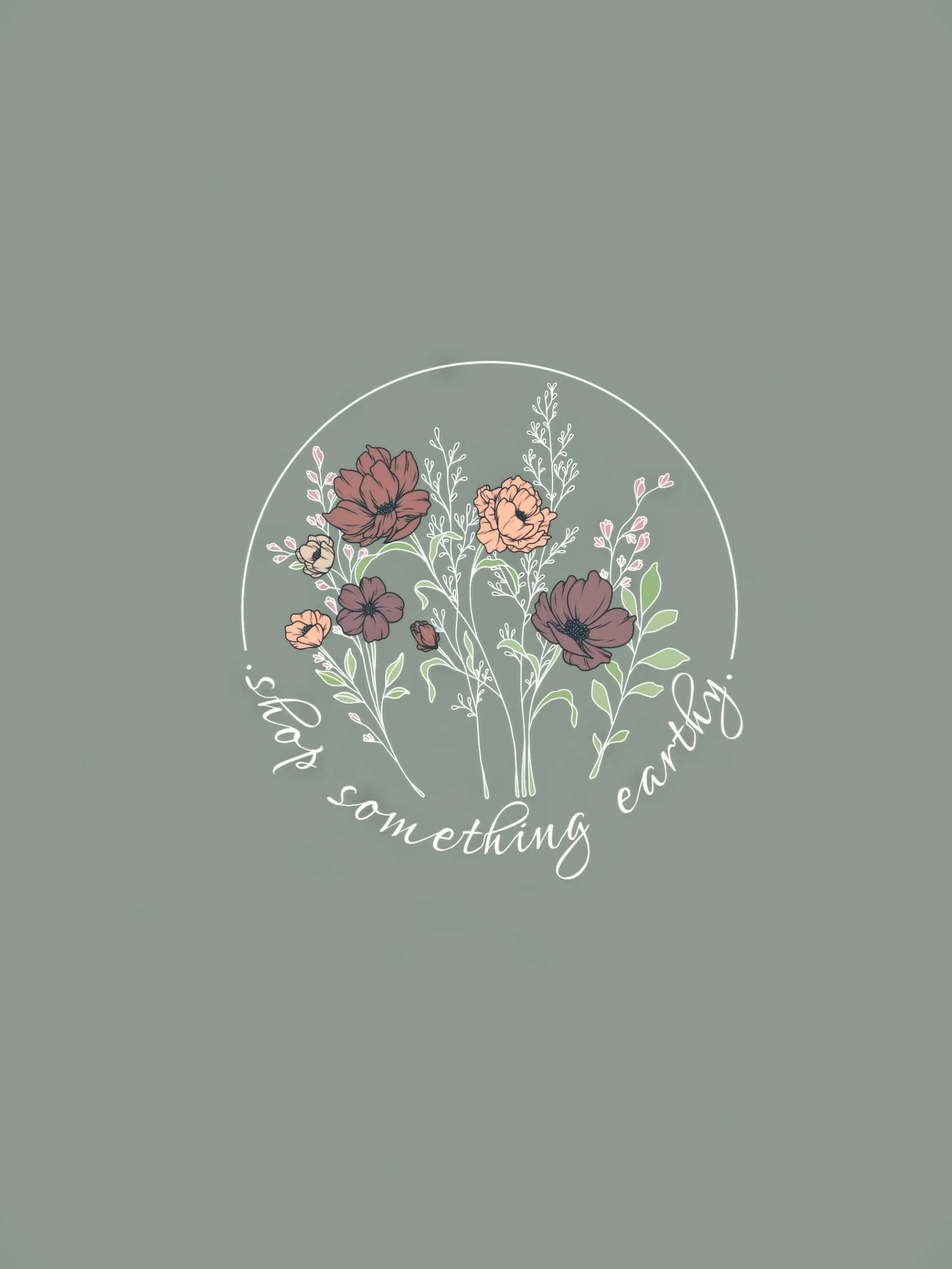 A floral illustration with pink and purple flowers and green leaves, enclosed in a white oval, with the phrase "shop something earthling" written around the bottom of the oval on a muted gray background.