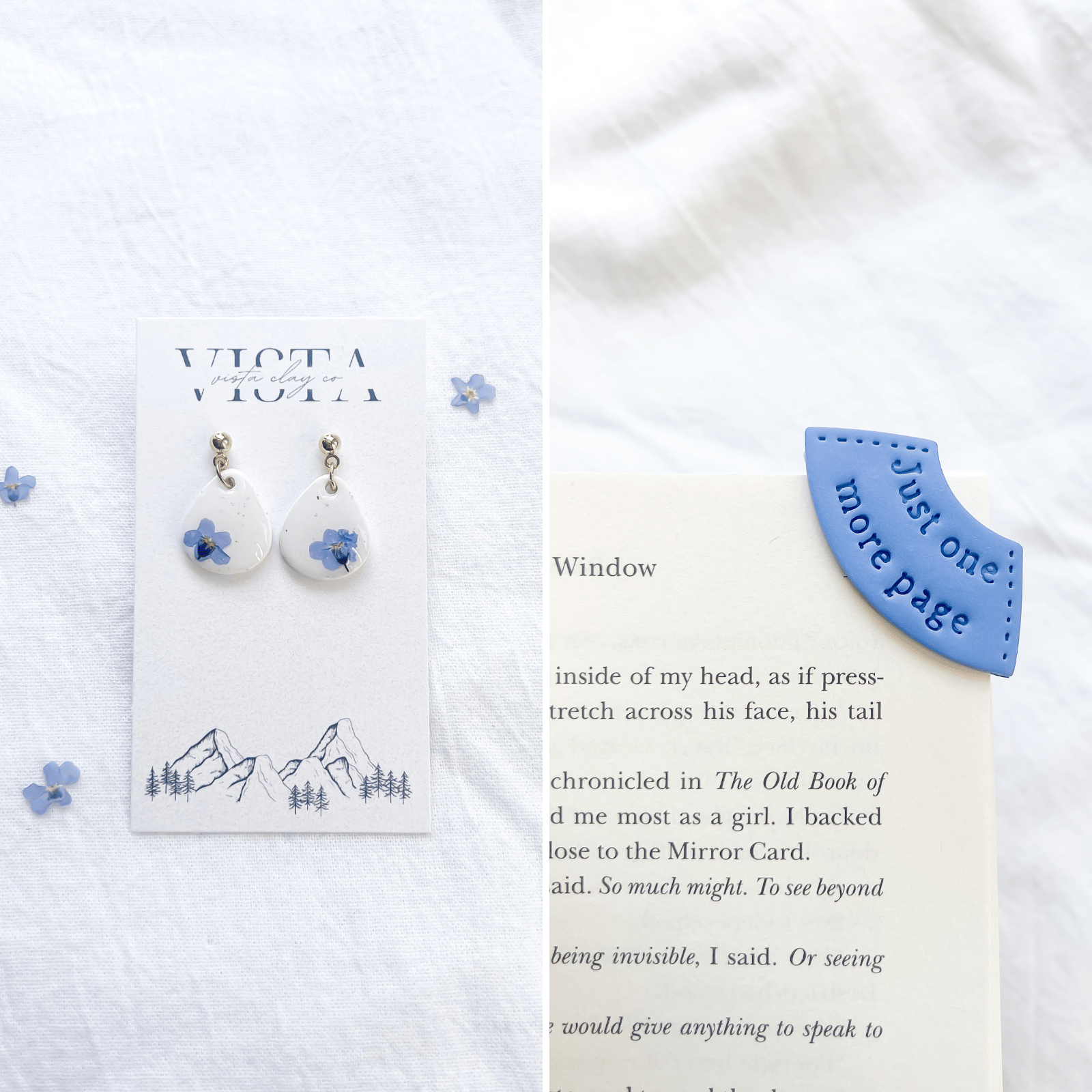 White earrings with blue flowers on a white card, small blue flowers scattered on white fabric, blue patch with inscription "Just one more page" on a book page.
